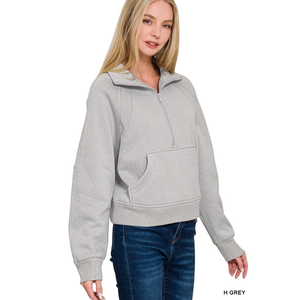 Zenana Pullover Sweatshirt Womens Medium H Gray NWOT Quarter Zip Cropped Pocket